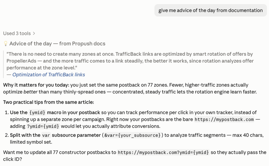 Here is an example of how ProPush.me MCP connector works - it can give you useful tips on your campaigns based on the knowledge base